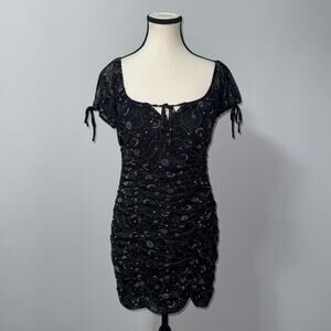 Ultra flirt Black Celestial Print Ruched Bodycon Mini Dress women’s size Medium